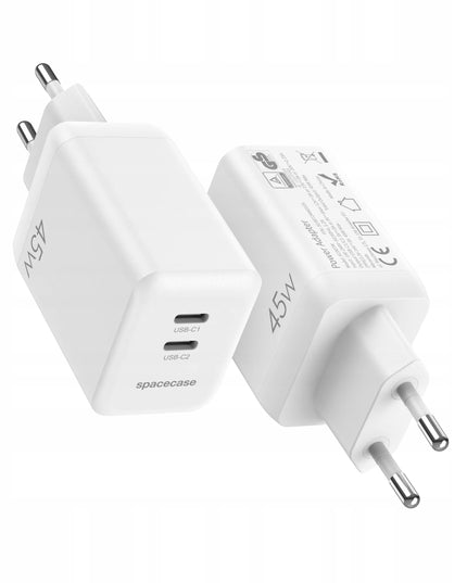Spacecase 45W tinklo įkroviklis telefonui, greitas 2x USB-C PD įkrovimo blokelis, baltas