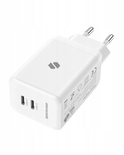 Spacecase 45W tinklo įkroviklis telefonui, greitas 2x USB-C PD įkrovimo blokelis, baltas
