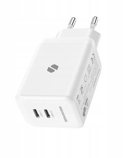 Spacecase 45W tinklo įkroviklis telefonui, greitas 2x USB-C PD įkrovimo blokelis, baltas