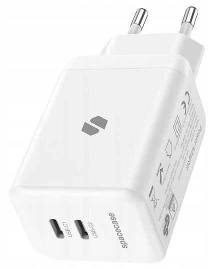 Spacecase 45W tinklo įkroviklis telefonui, greitas 2x USB-C PD įkrovimo blokelis, baltas