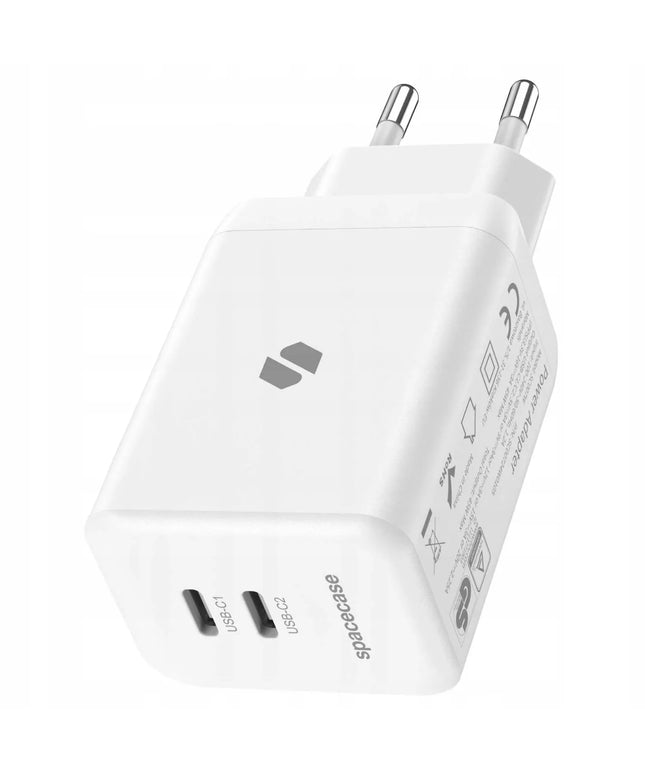 Spacecase 45W tinklo įkroviklis telefonui, greitas 2x USB-C PD įkrovimo blokelis, baltas