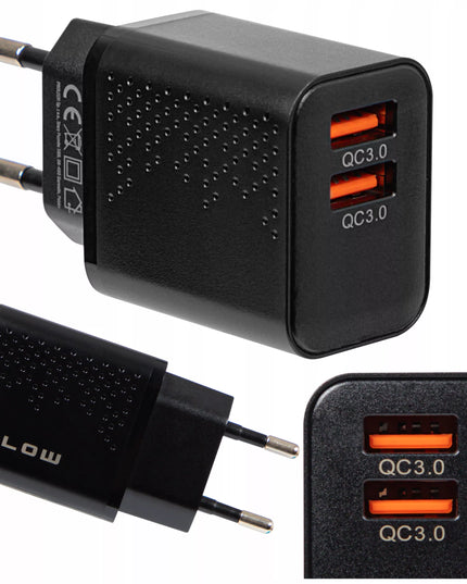 Tinklo įkroviklis su 2x USB QC 3.0 PD 18W lizdais + USB-A USB-C 1,5 m kabelis