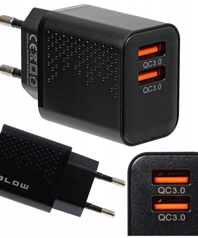 Tinklo įkroviklis su 2x USB QC 3.0 PD 18W lizdais + USB-A USB-C 1,5 m kabelis