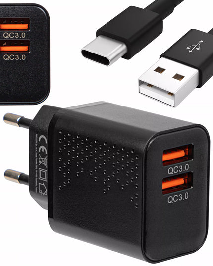 Tinklo įkroviklis su 2x USB QC 3.0 PD 18W lizdais + USB-A USB-C 1,5 m kabelis