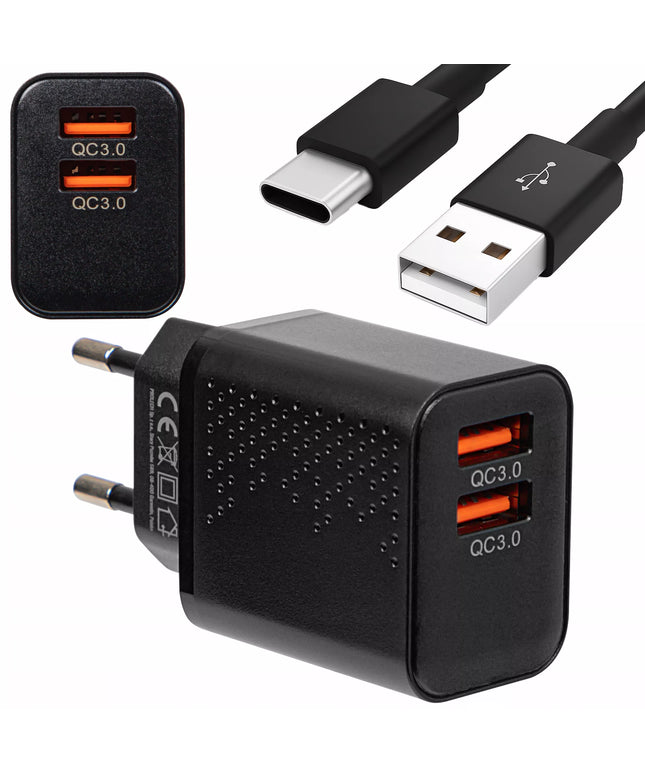 Tinklo įkroviklis su 2x USB QC 3.0 PD 18W lizdais + USB-A USB-C 1,5 m kabelis