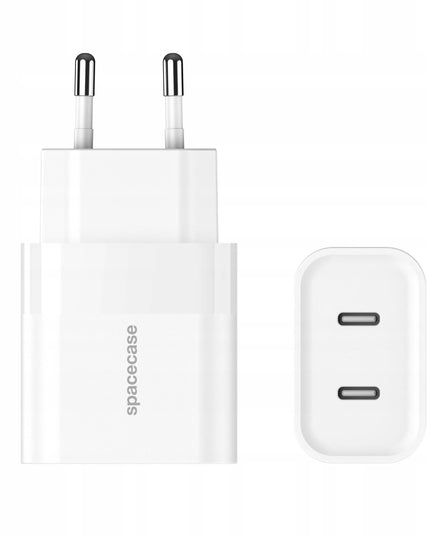 Tinklelis įkroviklis Spacecase 20W, skirtas telefonui, greitasis, 2x USB-C Type-C 20W, baltas