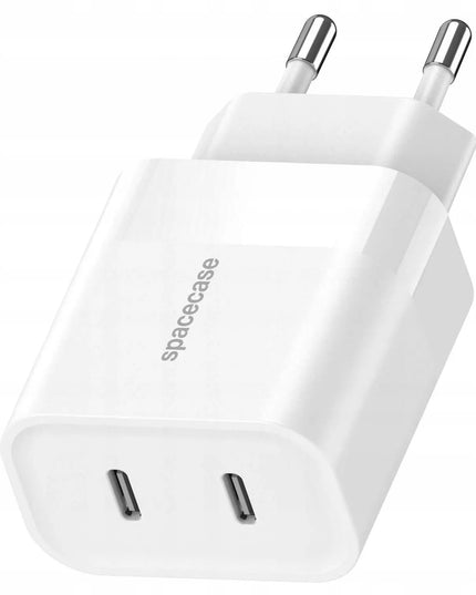 Tinklelis įkroviklis Spacecase 20W, skirtas telefonui, greitasis, 2x USB-C Type-C 20W, baltas