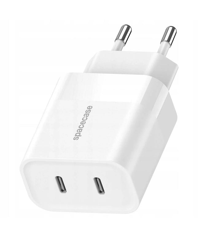 Tinklelis įkroviklis Spacecase 20W, skirtas telefonui, greitasis, 2x USB-C Type-C 20W, baltas
