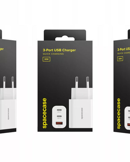 Spacecase 30W tinklo įkroviklis telefonui, greitas įkrovimas, 3x USB, USB-C, baltas