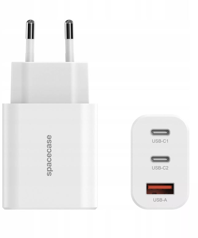 Spacecase 30W tinklo įkroviklis telefonui, greitas įkrovimas, 3x USB, USB-C, baltas