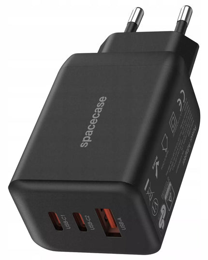 Tinklės įkroviklis Spacecase 65W, greito įkrovimo GaN technologija, 2x USB-C ir USB-A
