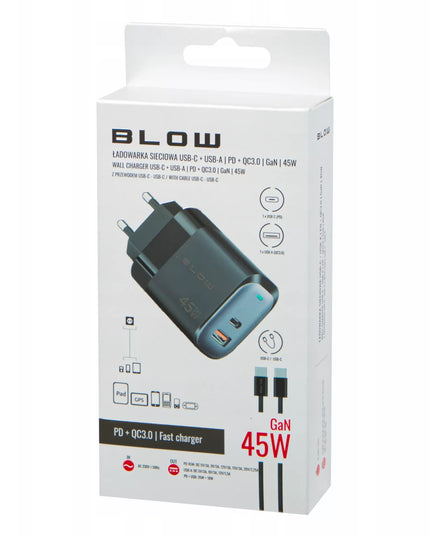 BLOW tinklo įkroviklis USB-C USB-A QC 45W Quick Charge GaN su laidu
