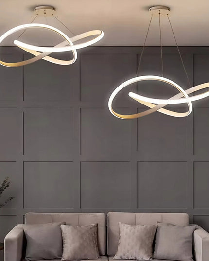 Auksinė pakabinama lubinė LED lempa, sietynas su juosta ir nuotolinio valdymo pulteliu, keičiama spalva