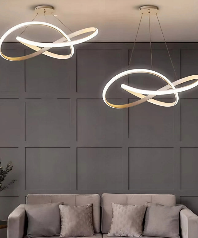 Auksinė pakabinama lubinė LED lempa, sietynas su juosta ir nuotolinio valdymo pulteliu, keičiama spalva