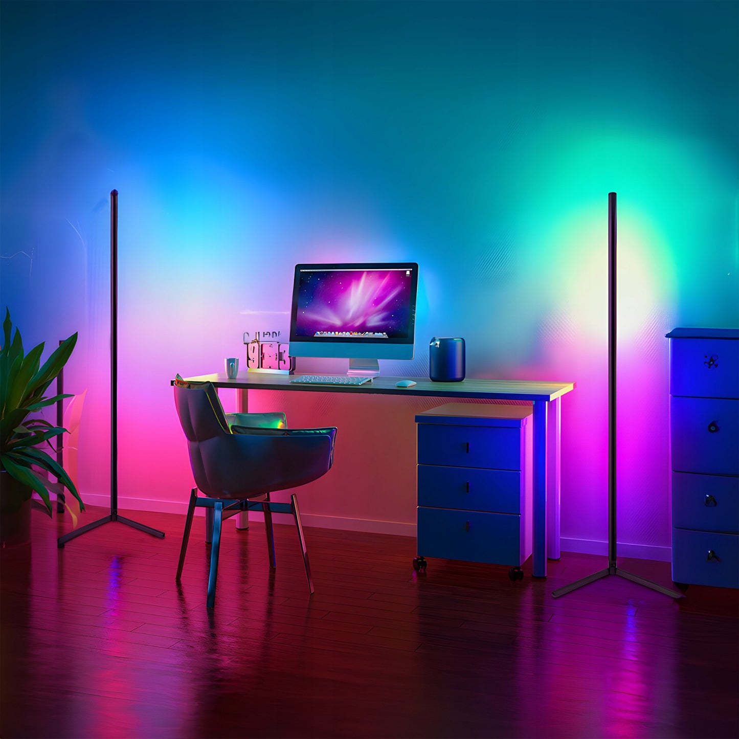 Kampinė Pastatoma Grindų RGB LED Lempa su Nuotolinio Valdymo Pulteliu, Programėle ir Muzikos Sensoriumi, 150 cm