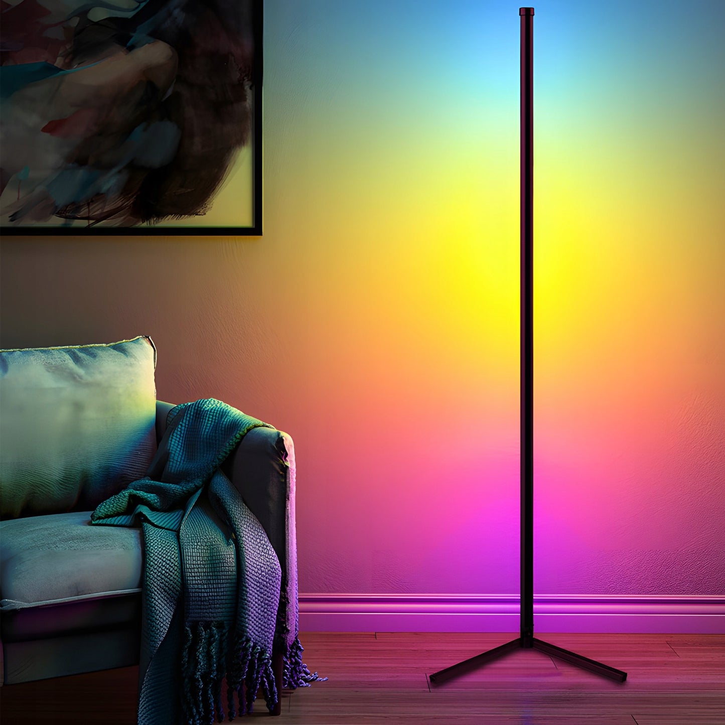 Kampinė Pastatoma Grindų RGB LED Lempa su Nuotolinio Valdymo Pulteliu, Programėle ir Muzikos Sensoriumi, 150 cm