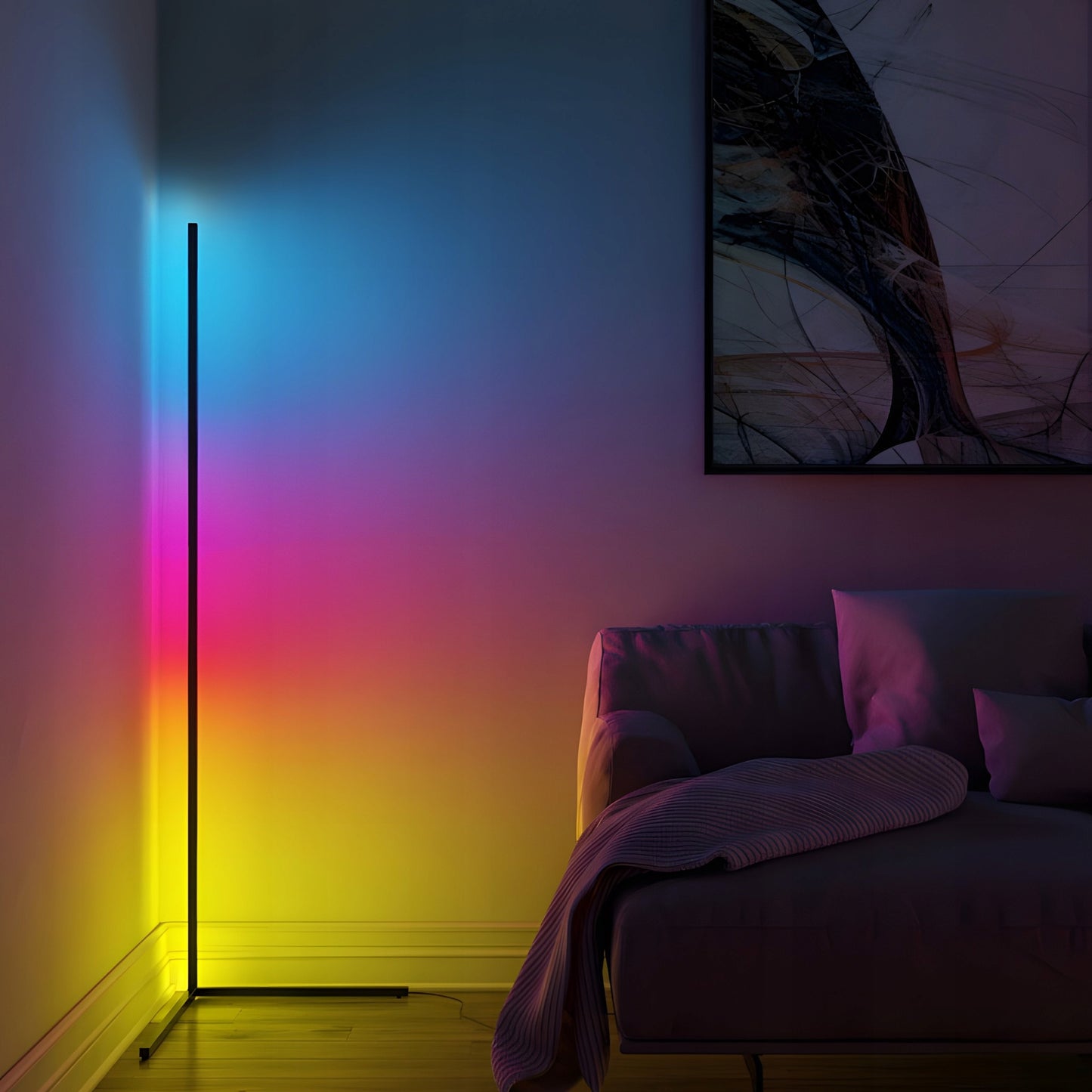 Kampinė Pastatoma Grindų RGB LED Lempa su Nuotolinio Valdymo Pulteliu, Programėle ir Muzikos Sensoriumi, 150 cm