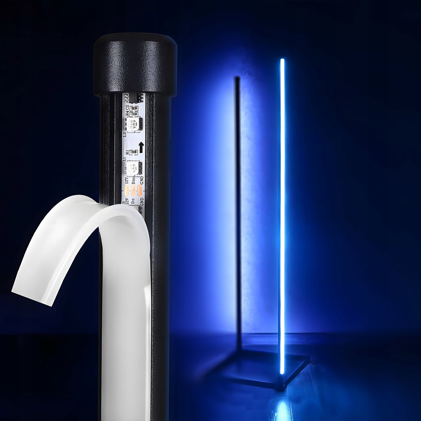 Kampinė Pastatoma Grindų RGB LED Lempa su Nuotolinio Valdymo Pulteliu, Programėle ir Muzikos Sensoriumi, 150 cm