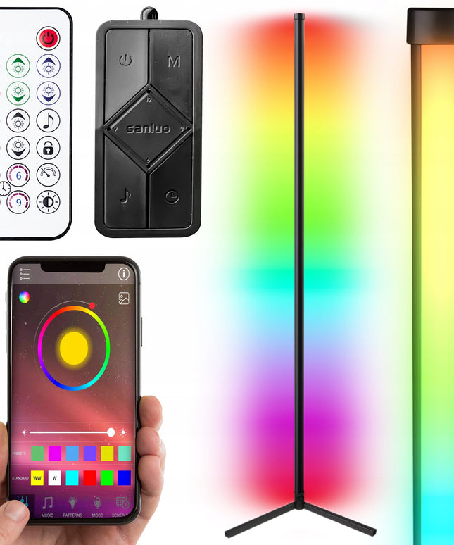 Kampinė Pastatoma Grindų RGB LED Lempa su Nuotolinio Valdymo Pulteliu, Programėle ir Muzikos Sensoriumi, 150 cm