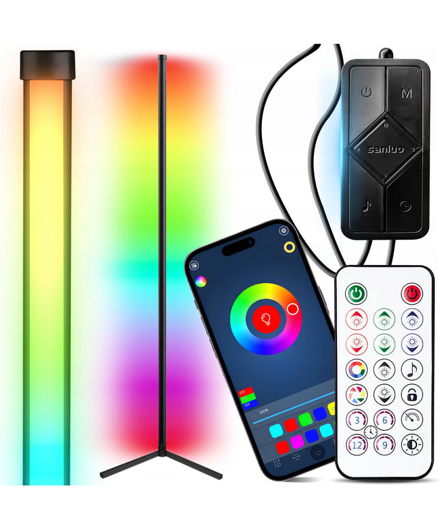 Kampinė Pastatoma Grindų RGB LED Lempa su Nuotolinio Valdymo Pulteliu, Programėle ir Muzikos Sensoriumi, 150 cm