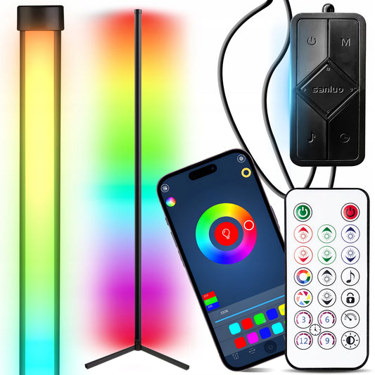 Kampinė Pastatoma Grindų RGB LED Lempa su Nuotolinio Valdymo Pulteliu, Programėle ir Muzikos Sensoriumi, 150 cm