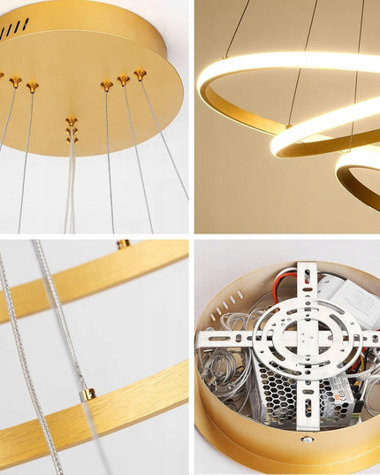 Lubinis šviestuvas 3 LED Žiediniai kabantys sietynai + pultelis Auksinis 72W