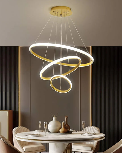 Lubinis šviestuvas 3 LED Žiediniai kabantys sietynai + pultelis Auksinis 72W