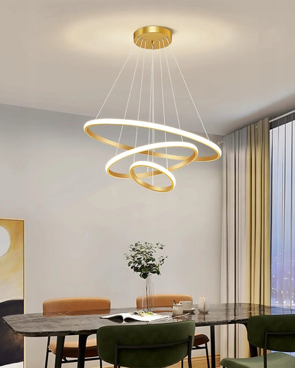 Lubinis šviestuvas 3 LED Žiediniai kabantys sietynai + pultelis Auksinis 72W