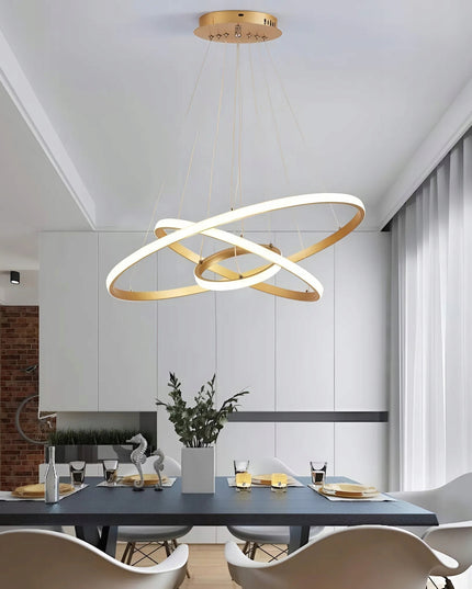 Lubinis šviestuvas 3 LED Žiediniai kabantys sietynai + pultelis Auksinis 72W