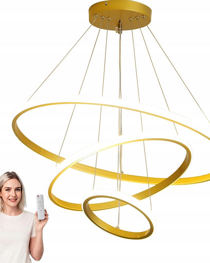 Lubinis šviestuvas 3 LED Žiediniai kabantys sietynai + pultelis Auksinis 72W