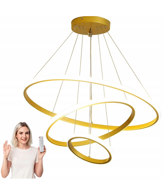 Lubinis šviestuvas 3 LED Žiediniai kabantys sietynai + pultelis Auksinis 72W