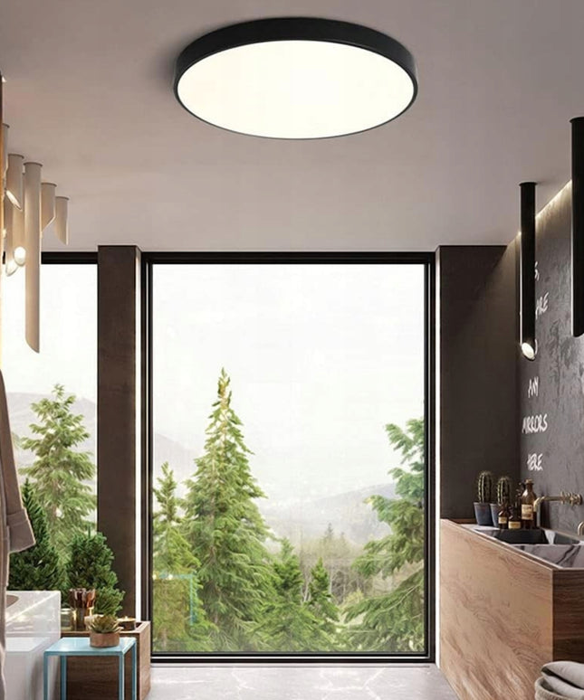 Juodas apvalus 40cm minimalistinis LED lubinis šviestuvas (plafonas) su nuotolinio valdymo pulteliu