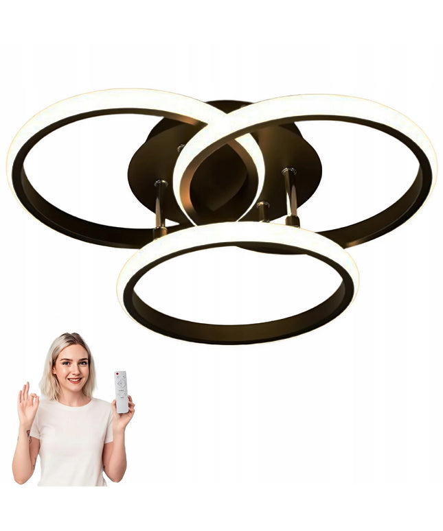 Moderni juoda apvali LED lubinė liustra su 3 žiedais, kabinama svetainei