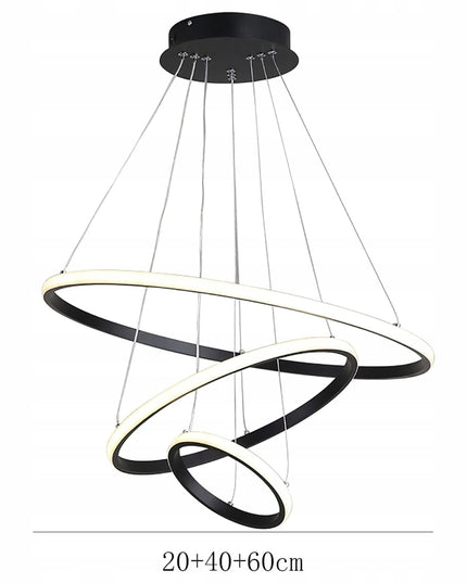 Juodas pakabinamas lubinis šviestuvas LED, 3 žiedai + nuotolinio valdymo pultelis, keičiama spalva