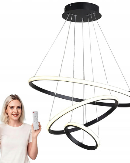 Juodas pakabinamas lubinis šviestuvas LED, 3 žiedai + nuotolinio valdymo pultelis, keičiama spalva