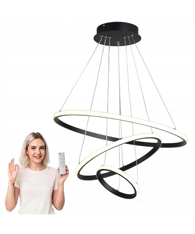 Juodas pakabinamas lubinis šviestuvas LED, 3 žiedai + nuotolinio valdymo pultelis, keičiama spalva