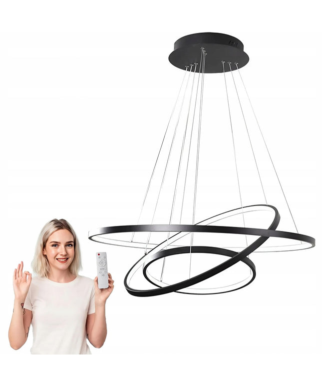 Juodas lubinis pakabinamas LED šviestuvas su 3 žiedais ir nuotolinio valdymo pulteliu, keičiama spalvos temperatūra