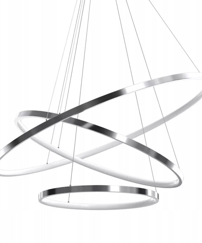 Pakabinamas lubinis šviestuvas sidabrinis chromas, LED liustra su 3 žiedais + nuotolinio valdymo pultelis (reguliuojama spalvos temperatūra)