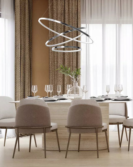 Pakabinamas lubinis šviestuvas sidabrinis chromas, LED liustra su 3 žiedais + nuotolinio valdymo pultelis (reguliuojama spalvos temperatūra)