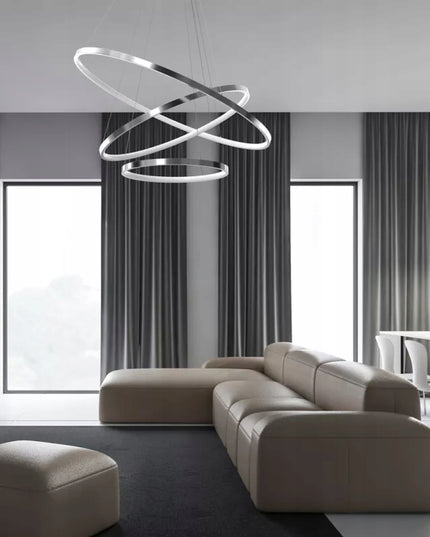 Pakabinamas lubinis šviestuvas sidabrinis chromas, LED liustra su 3 žiedais + nuotolinio valdymo pultelis (reguliuojama spalvos temperatūra)