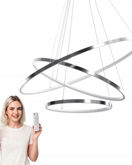 Pakabinamas lubinis šviestuvas sidabrinis chromas, LED liustra su 3 žiedais + nuotolinio valdymo pultelis (reguliuojama spalvos temperatūra)