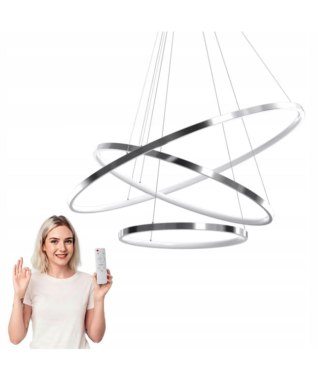 Pakabinamas lubinis šviestuvas sidabrinis chromas, LED liustra su 3 žiedais + nuotolinio valdymo pultelis (reguliuojama spalvos temperatūra)