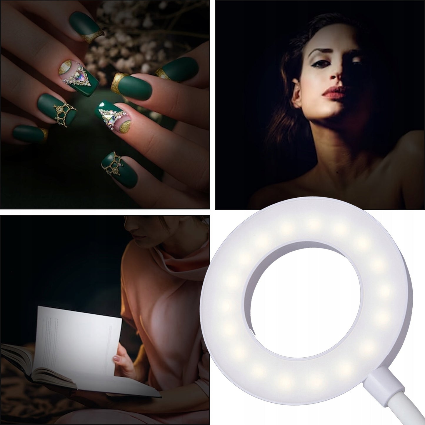 LED žiedinė stalinė kosmetinė lempa su spaustuvu