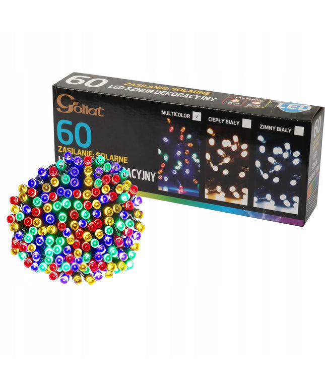 Goliat 60 LED įvairiaspalvė saulės energija maitinama kalėdinė girlianda, 8 m