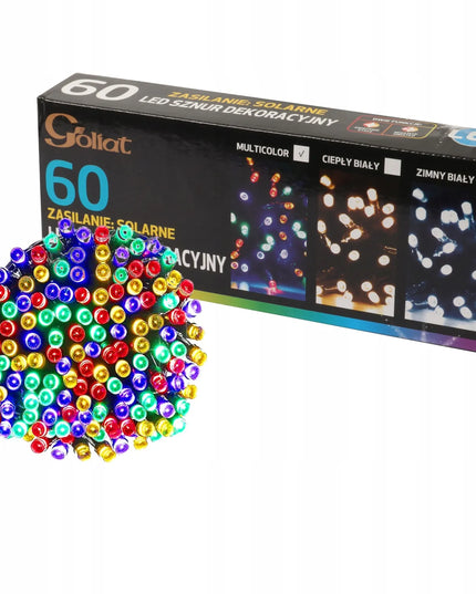 Goliat 60 LED įvairiaspalvė saulės energija maitinama kalėdinė girlianda, 8 m