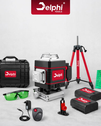 Kryžinis lazeris Delphi Tools 16 linijų 4D, žalias, su 115 cm stovu ir 2 akumuliatoriais