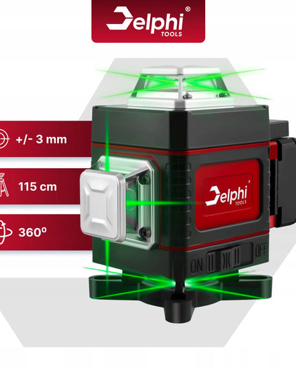 Kryžinis lazeris Delphi Tools 16 linijų 4D, žalias, su 115 cm stovu ir 2 akumuliatoriais