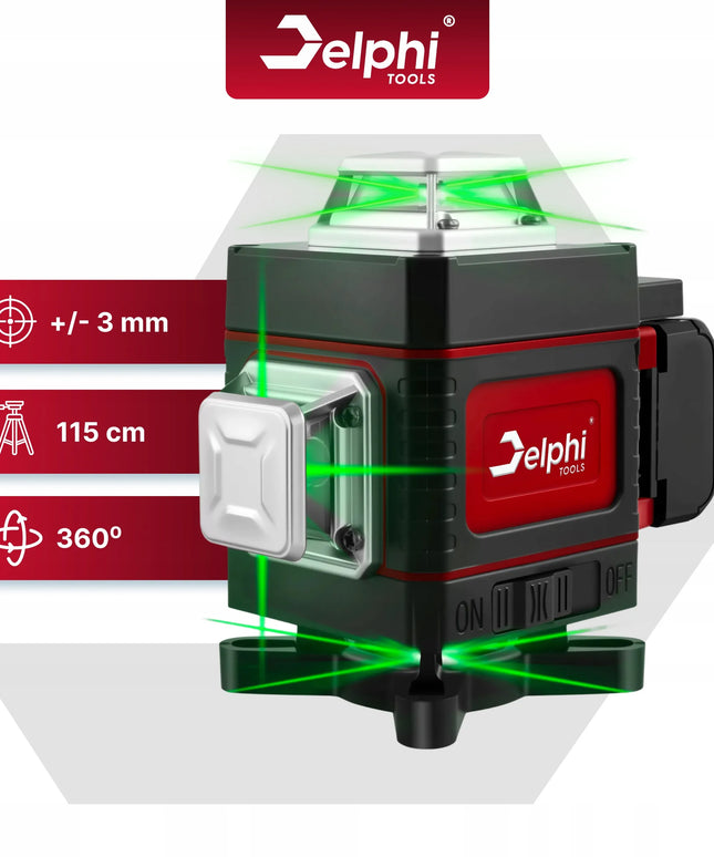 Kryžinis lazeris Delphi Tools 16 linijų 4D, žalias, su 115 cm stovu ir 2 akumuliatoriais