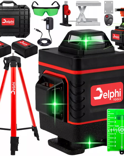 Kryžinis lazeris Delphi Tools 16 linijų 4D, žalias, su 115 cm stovu ir 2 akumuliatoriais