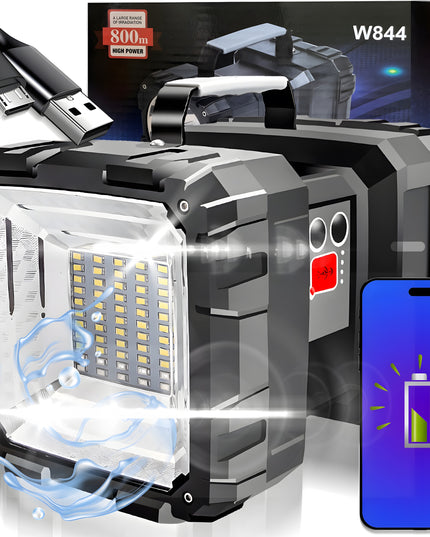 Taktinis LED prožektorius, galingas, įkraunamas per USB, 1000lm, 40W